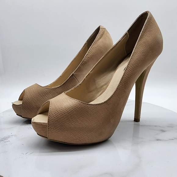 Tony Bianco Shoes - Aus8 Tony Bianco Leather Nude Repilte Emboss Open Toe Platform Heels